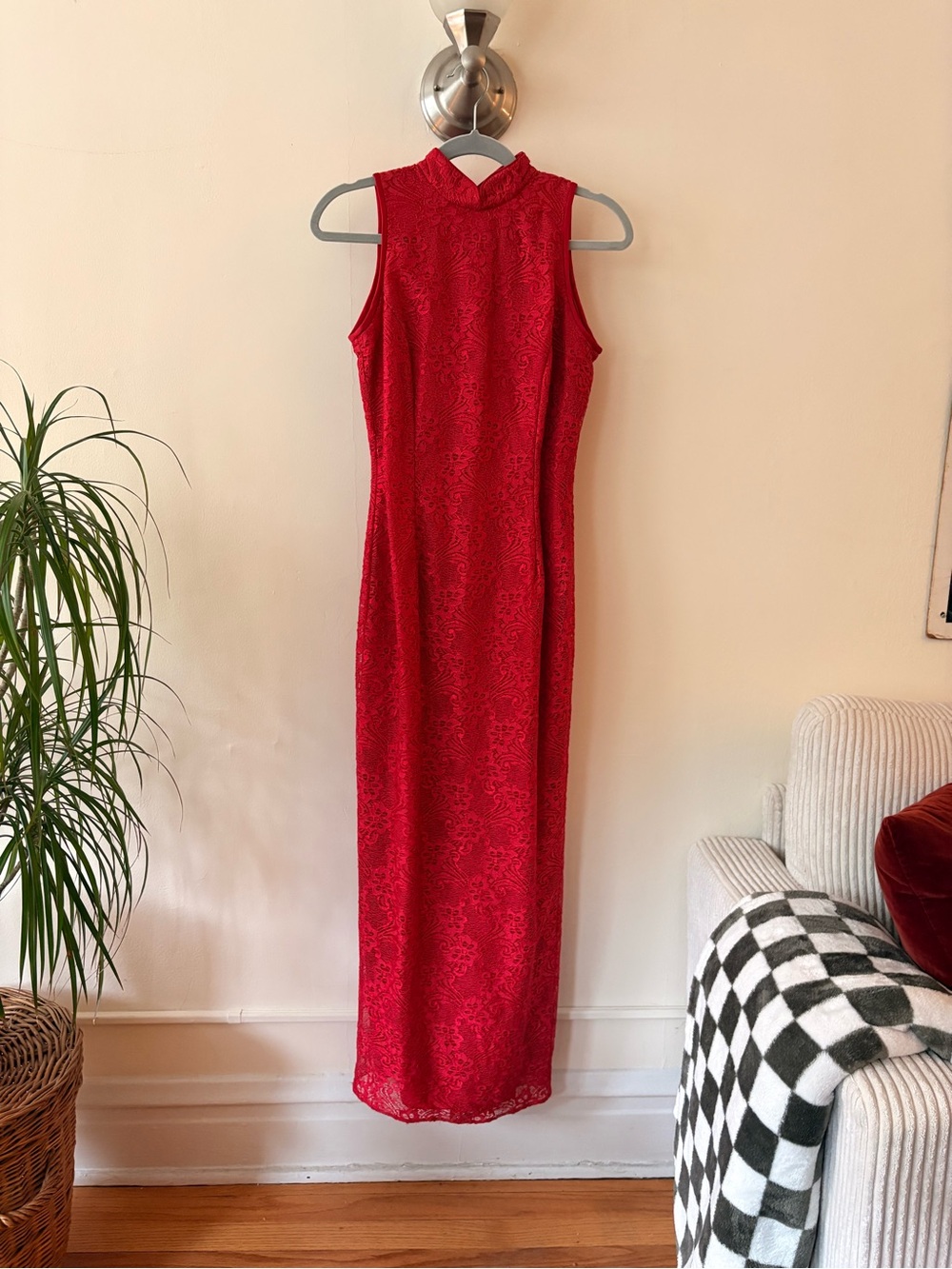 Jessica McClintock Red Lace High-Neck Maxi Dress